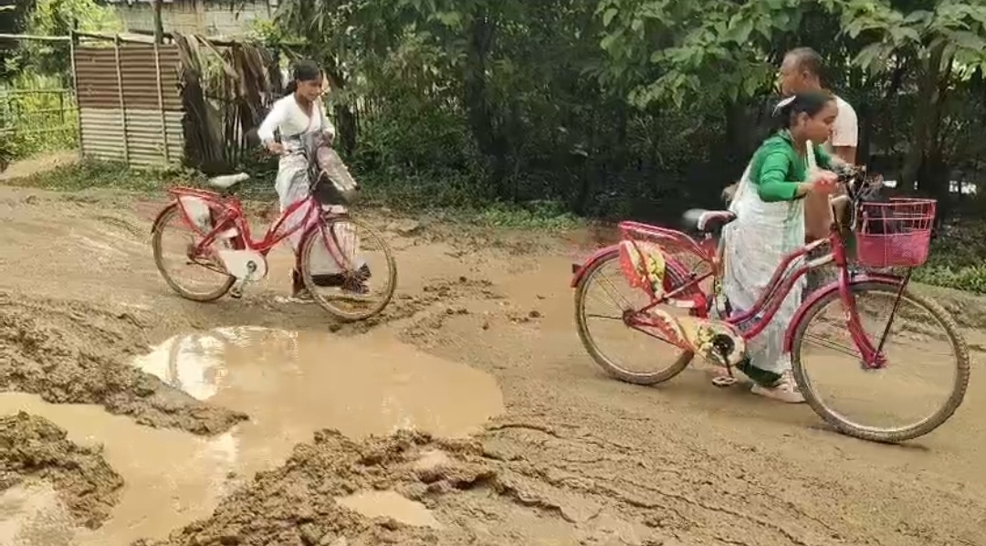 বিধ্বস্ত ৰাজপথত জীয়াতু ভুগিছে সত্ৰগ্ৰাম মালিবাৰী বাসী, পকী পথ নিৰ্মাণৰ দাবী